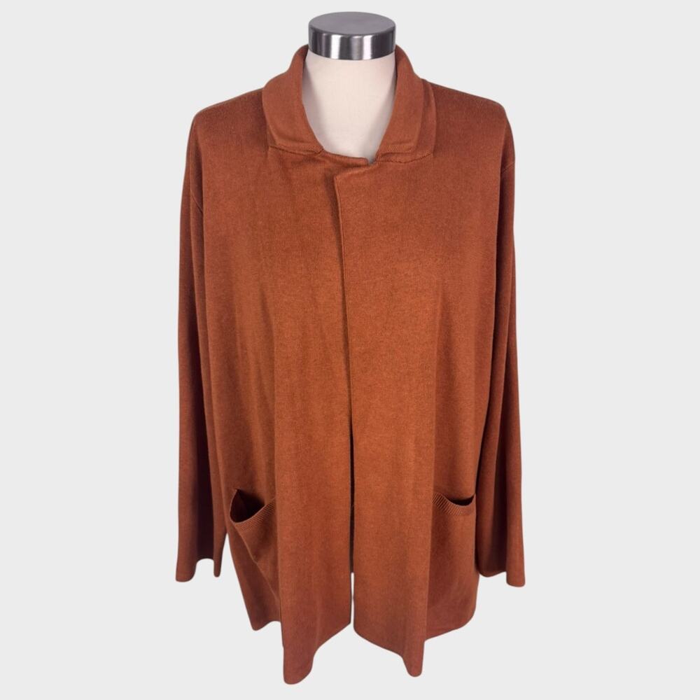 Terra & Sky Womens Plus Size 1X Sweater Burnt Orange Collared Pockets Open Front